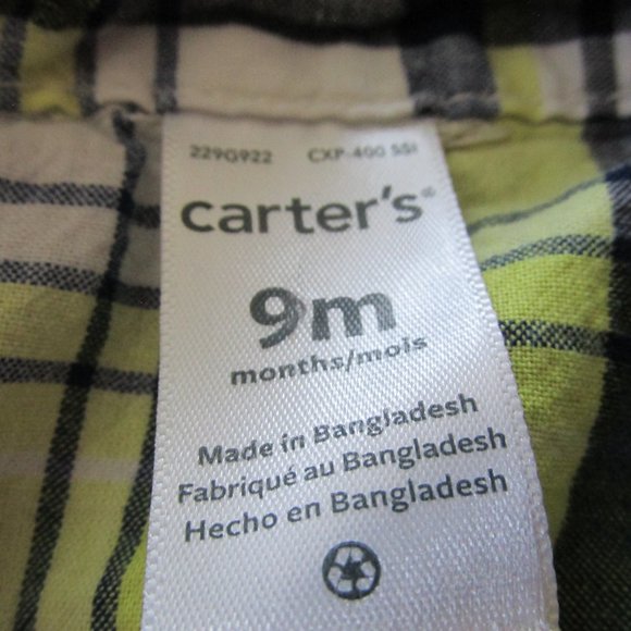 Carters Button Front Shirt Boys Size 9M Blue Green Plaid Short Sleeve Collared - Picture 2 of 3